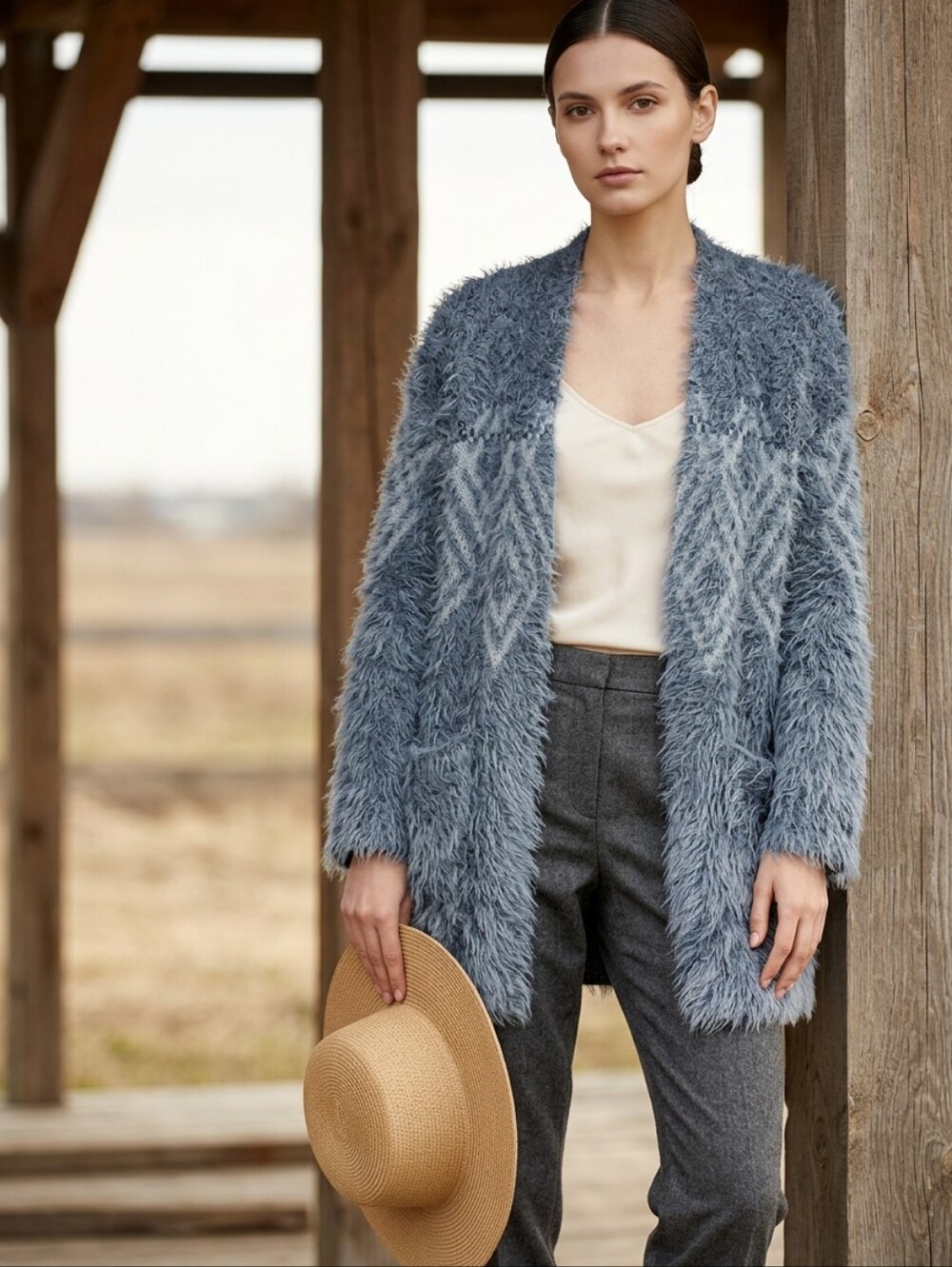 Eddie Bauer Silver Gray Fuzzy Shaggy Open Front Cardigan Sweater. Size S